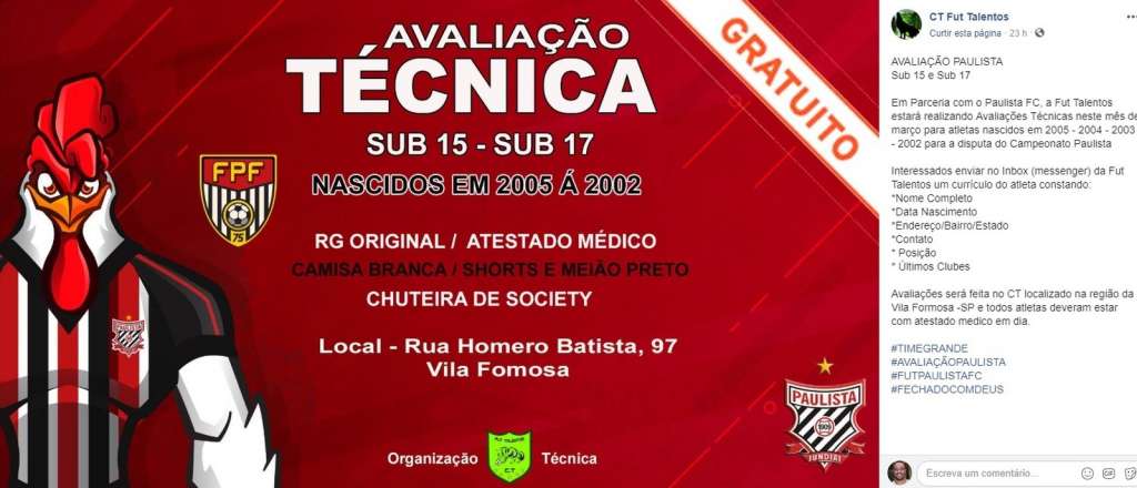 Fut Talentos já marcou avaliação técnica para compor o time do Paulista