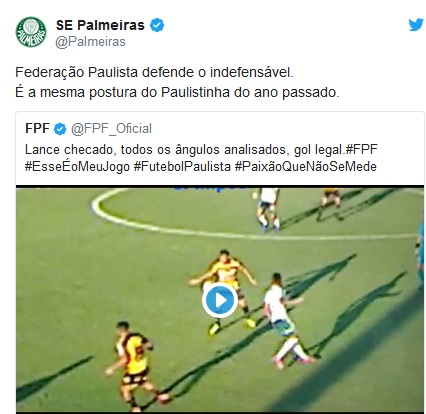 Palmeiras e FPF trocam farpas nas redes sociais depois de polêmica com o VAR