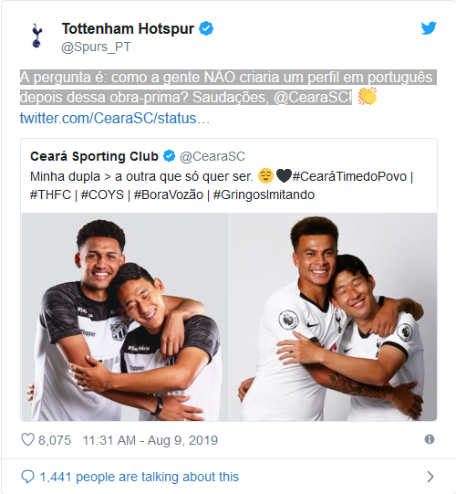 Após bombar na web com zoeira do Ceará, Tottenham cria perfil em português