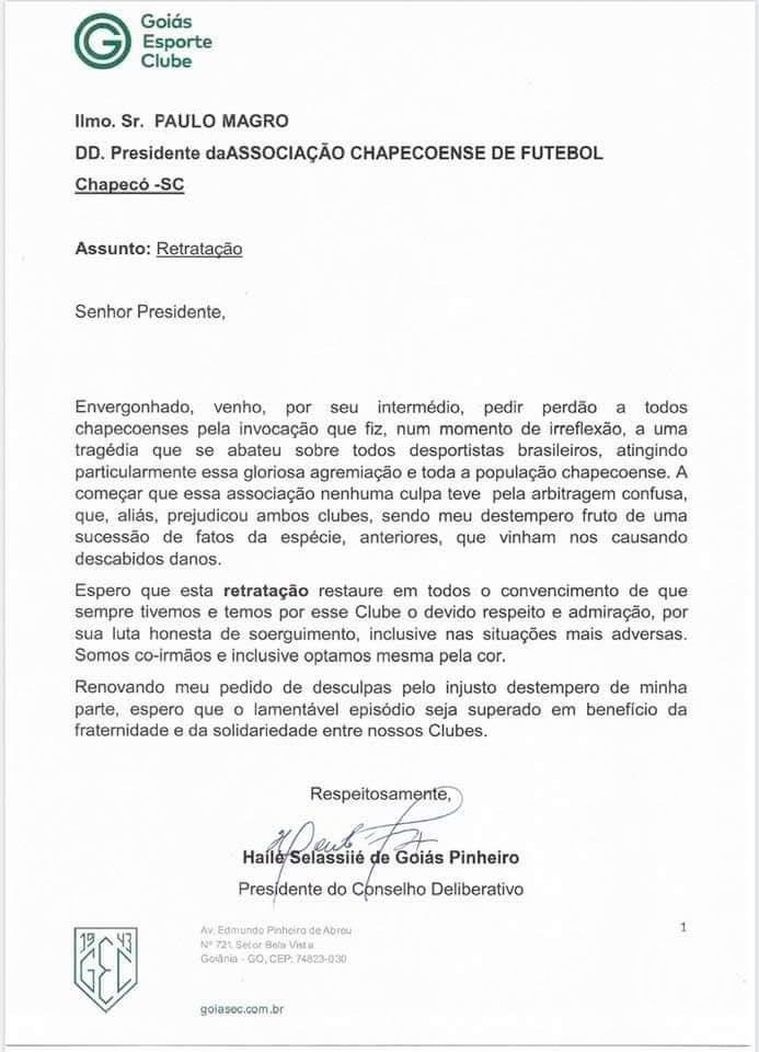 Após declaração infeliz, dirigente do Goiás divulga nota e pede desculpas à Chape