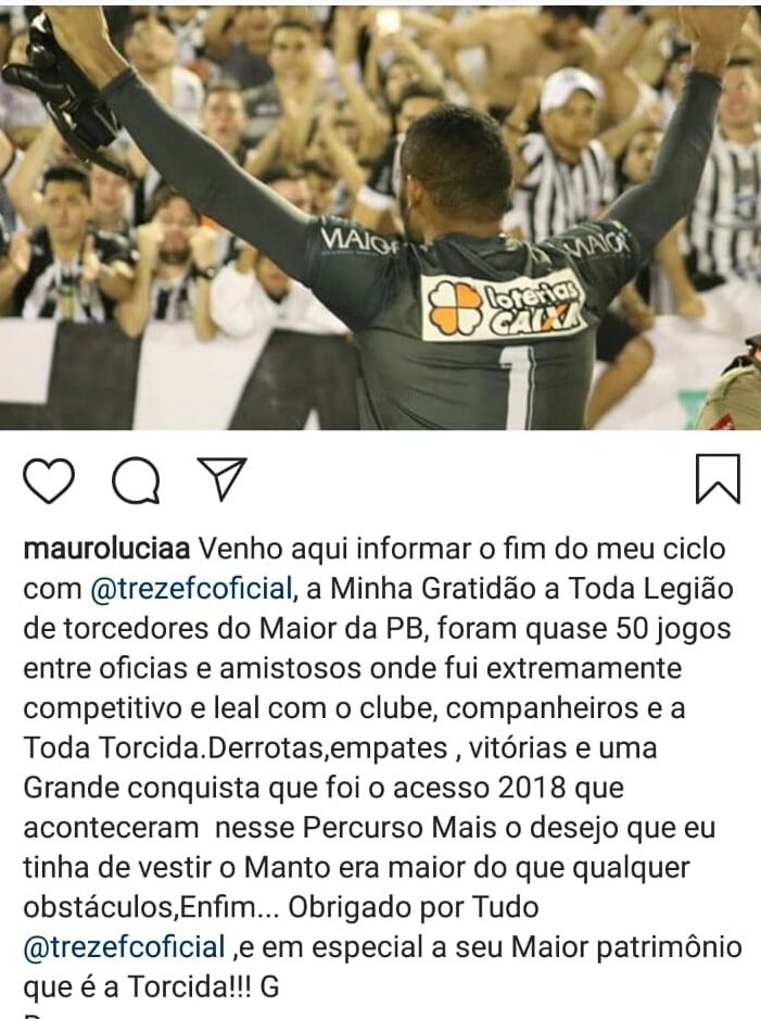 Paraibano: Goleiro surpreende e anuncia saída do Treze após pendências financeiras