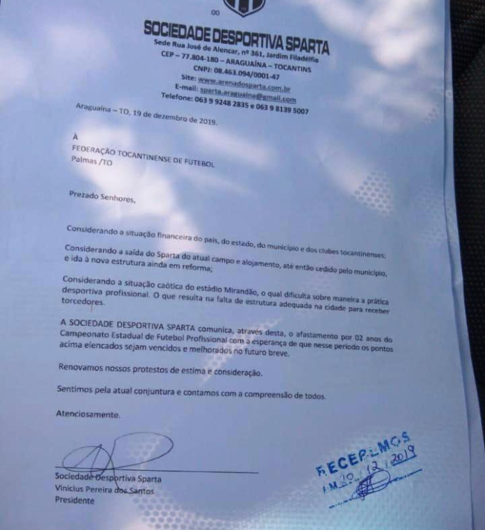 Sparta entrega carta de desistência e afirma que não participará do Tocantinense 2020