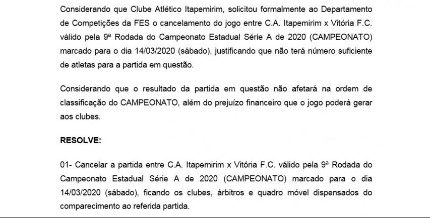 Clube rebaixado alega não ter jogadores suficientes e FES cancela jogo da última rodada