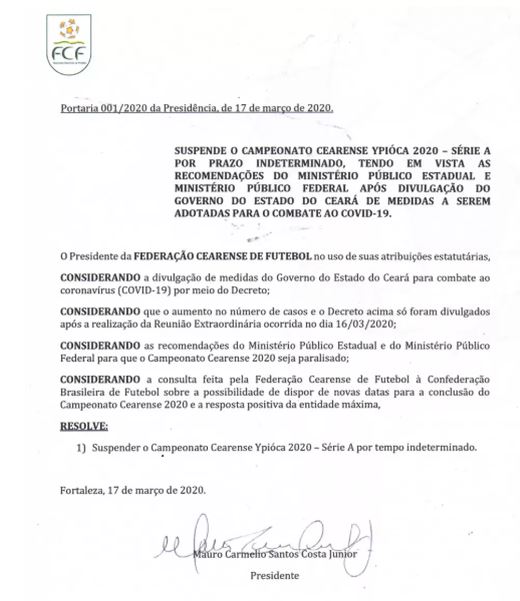 Federação suspende Cearense por tempo indeterminado; Ceará e Fortaleza também param