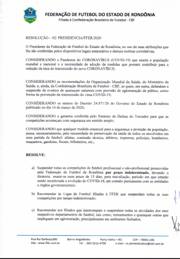 Federação suspende Campeonato Rondoniense por conta da pandemia de coronavírus