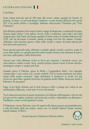 Em carta aberta, Palmeiras lembra dificuldades e se solidariza com a Itália