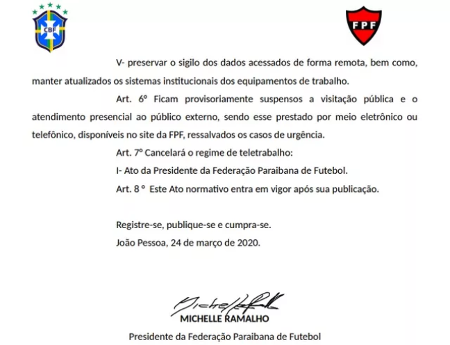 Sem jogos do Paraibano, Federação libera todos os funcionários para home office