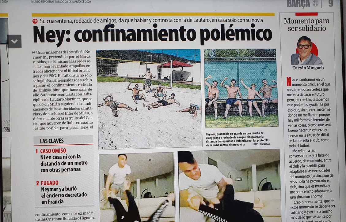 Jornal de Barcelona destaca ‘confinamento polêmico’ de Neymar