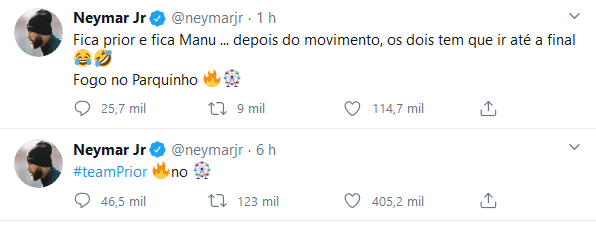 Neymar defende Prior e Manu e acaba sendo chamado de arregão por ‘parças’
