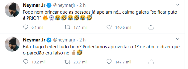 Neymar aproveita 1º de abril e pede que eliminação de Prior do BBB seja falsa