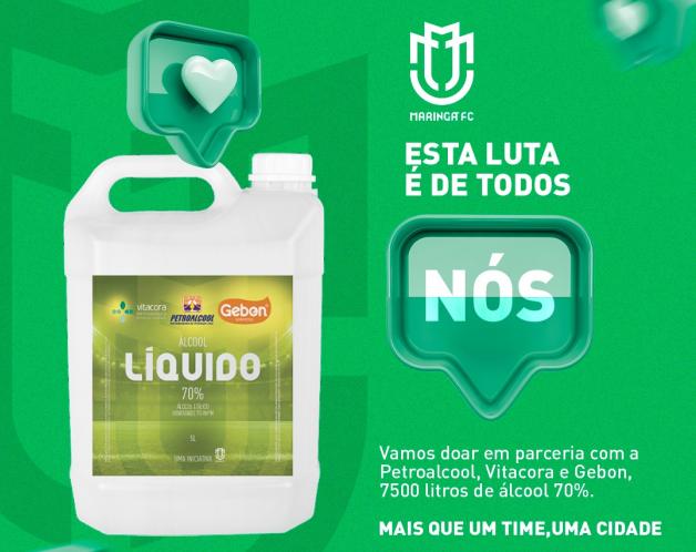 Clube paranaense fará a doação de 7.500 litros de álcool 70%
