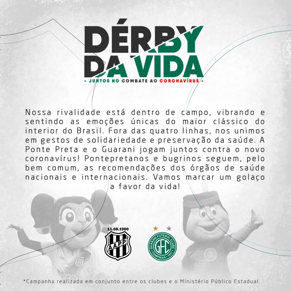 Guarani e Ponte Preta lançam o “Dérbi da Vida” em combate ao coronavírus