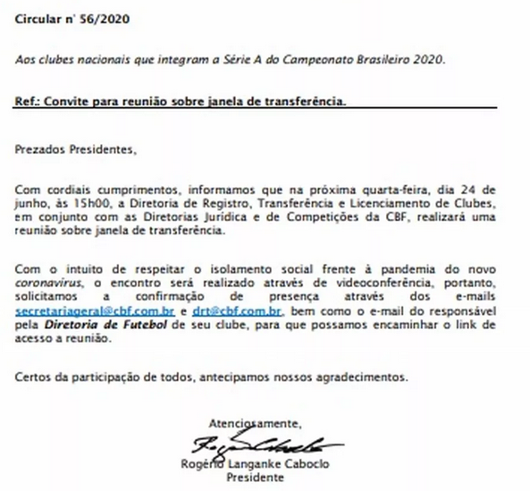 CBF se reunirá com clubes da Série A para discutir janela de transferências