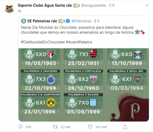 Água Santa relembra goleada e tira onda com o Palmeiras nas redes sociais