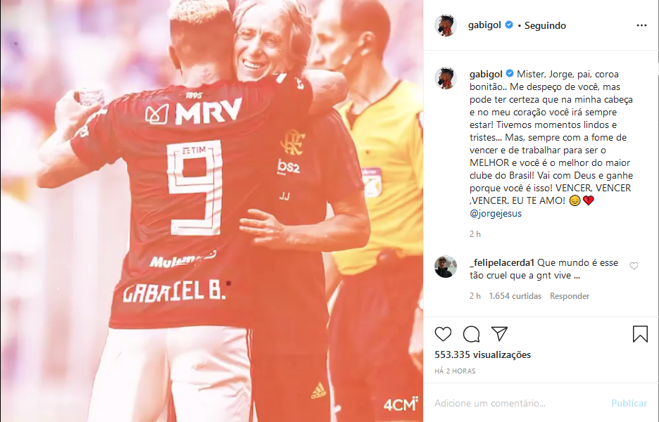 Gabigol exalta Jorge Jesus em despedida do Flamengo: ‘Você é o melhor’