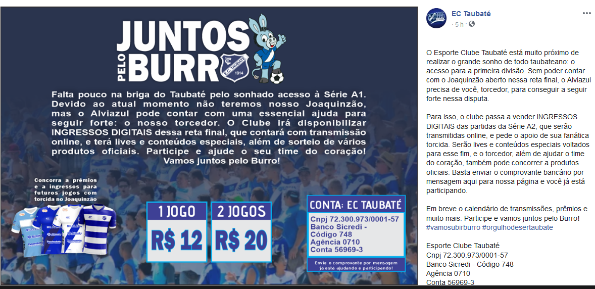 Paulista A2: Taubaté abre venda de ingressos virtuais para seguir na luta por acesso