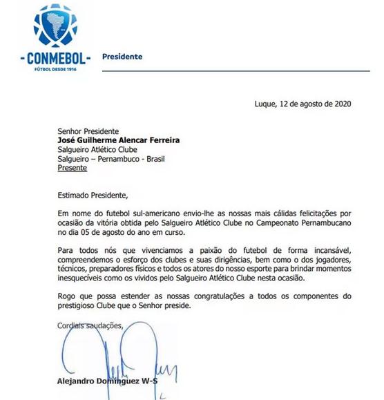 Presidente da Conmebol parabeniza clube da Série D por título estadual