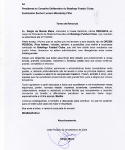Presidente de clube da Série C pede renúncia para 'possibilitar uma melhor condução'
