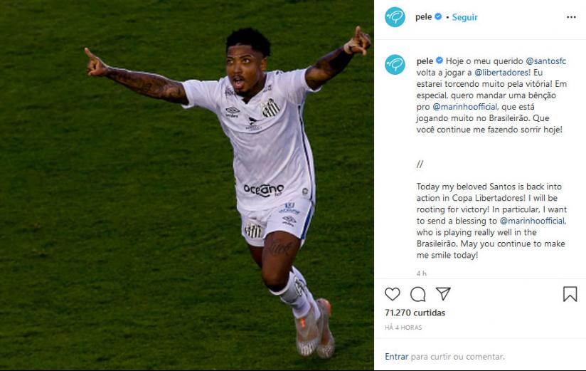 Pelé elogia atacante do Santos: “Está jogando muito no Brasileirão”