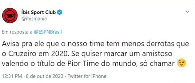 Íbis rebate presidente e desafia Cruzeiro para disputar título de “pior time do mundo”