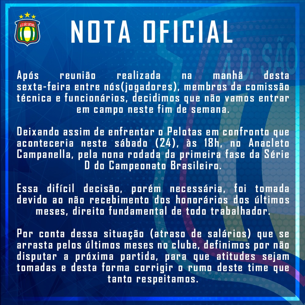 BOMBA! Elenco de clube paulista da Série D se reúne e define por WO