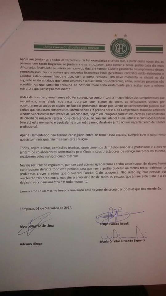 Renúncia assinada por Negrão e pela diretoria