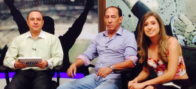 Artur Eugênio, diretor do Futebol Interior, Nedo Xavier, e Ana Cecília no programa Cadeira Cativa da Rede Família de Televisão