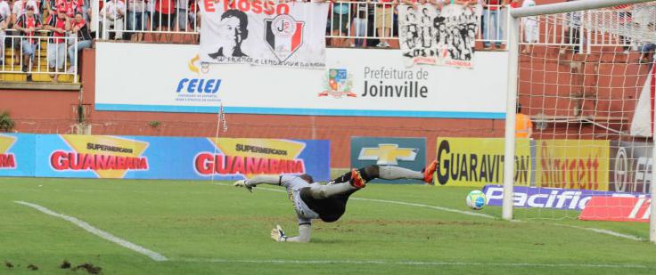 Luis Carlos, goleiro do Ceará, se esticou todo, mas não pegou o chute de Edigar Junio - Foto: JEC - Oficial