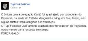 Série C: Tupi tem ônibus apedrejado por torcida do Paysandu após derrota