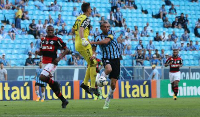 Lance em que o goleiro César, do Flamengo, toca em Barcos e derruba o atleta sendo expulso em seguida. - Divulgação
