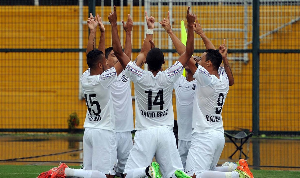 Jogadores do Santos comemoram gol anotado por Ricardo Oliveira