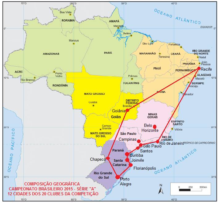 A maior distância será percorrida entre Recife e Porto Alegre