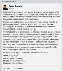 Série C: Médico do Madureira apela, e pede ajuda para não ser rebaixado