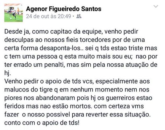 Agenor lamentou o pênalti perdido