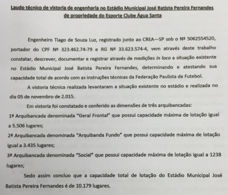 Laudo técnico que comprova a capacidade do Estádio do Inamar
