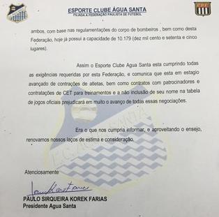 Parte do ofício enviado à Federação Paulista de Futebol