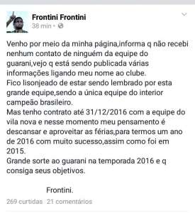 Especulado no Guarani, Frontini usa redes sociais para desmentir contato do clube