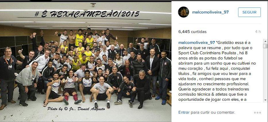 Pelo Instagram, Malcom publicou uma homenagem em gratidão ao Corinthians