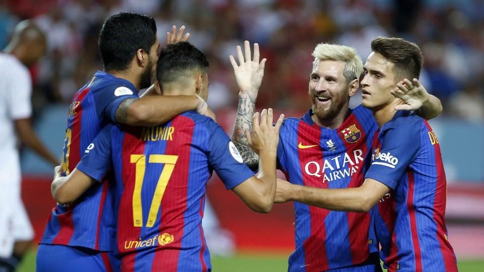 Luís Suárez, Munir, Messi e Denis Suárez comemoram gol do Barcelona contra Sevilla - Foto: Miguel Ruiz / FC Barcelona