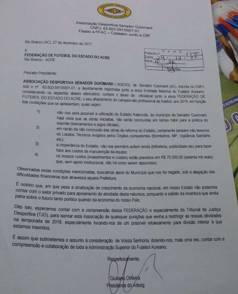 Carta de desistência da Adesg entregue a Federação de Futebol do Acre - Giuliano Oliveira/Arquivo Pessoal