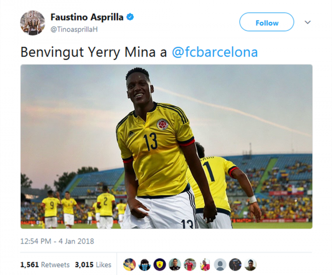 Asprilla deu boas-vindas a Mina (Foto: Reprodução / Twitter)