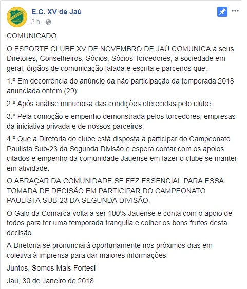 Reprodução da página oficial. O XV vai jogar a Segundona!