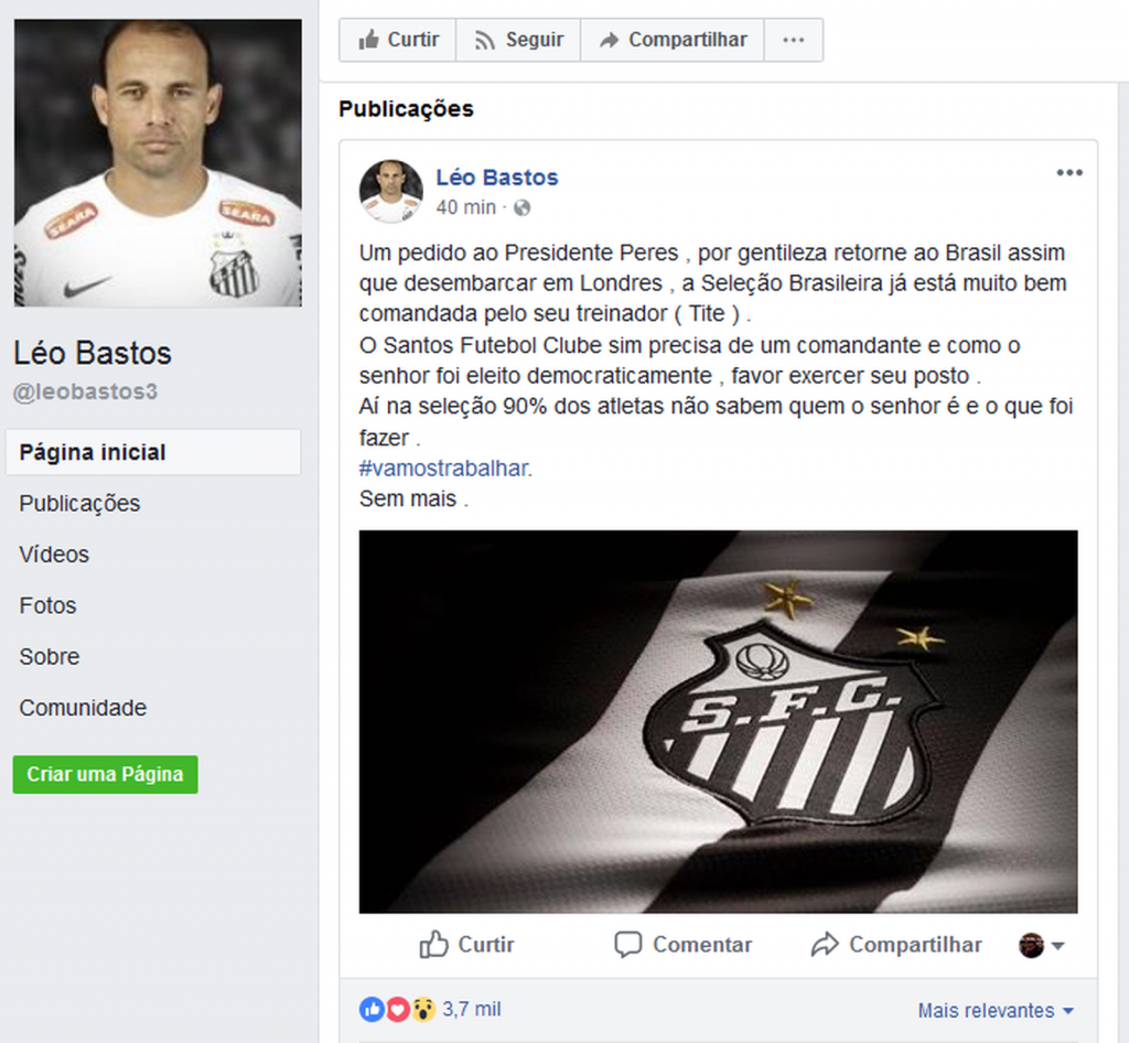Ídolo alvinegro, ex-lateral Léo cobra José Carlos Peres, presidente do Santos, nas redes sociais