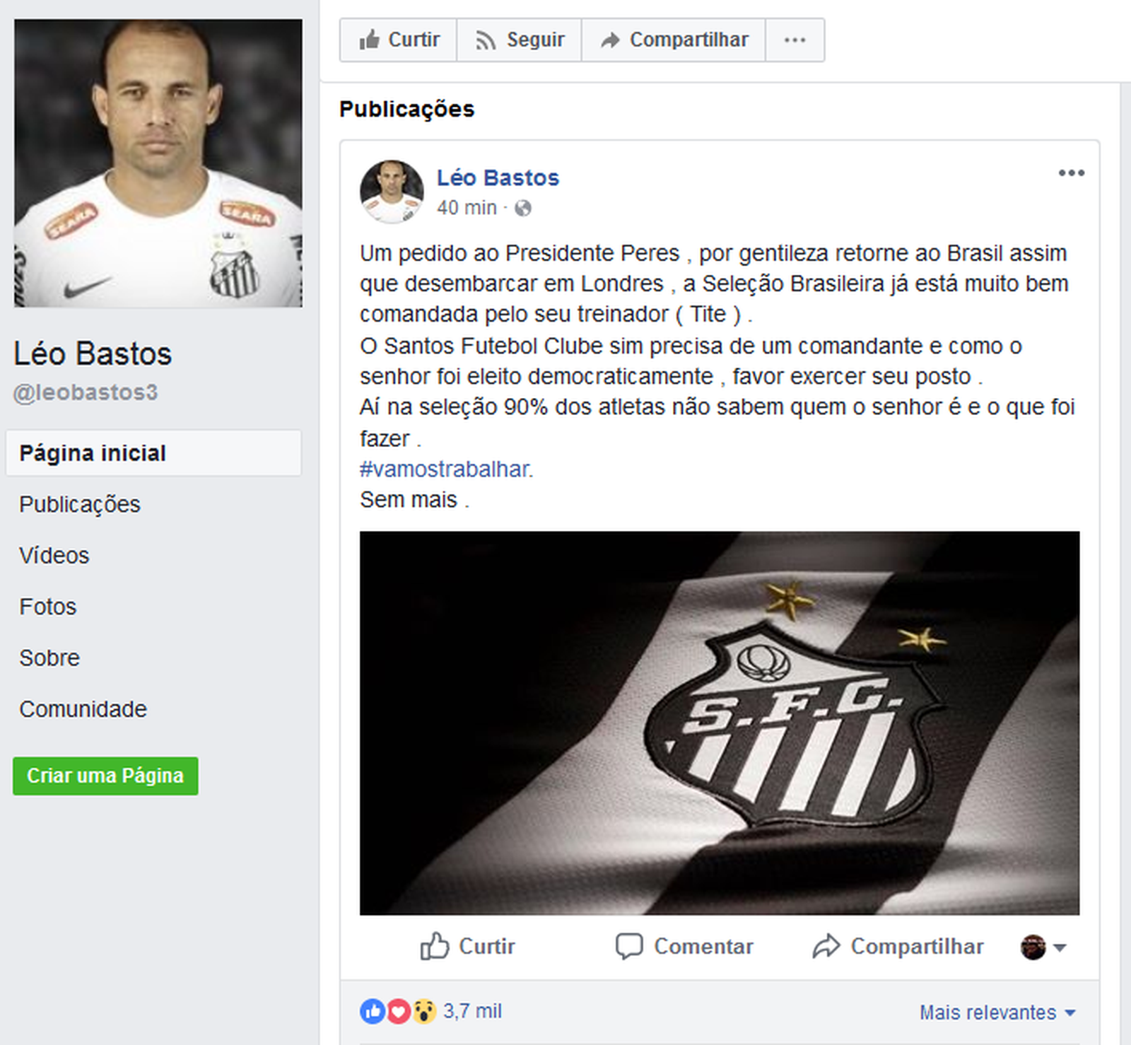Ídolo alvinegro, ex-lateral cobra presidente do Santos nas redes sociais