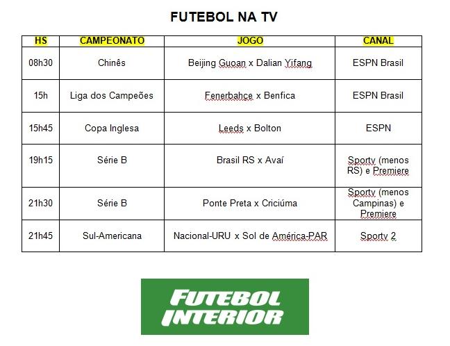 A programação completa do Futebol na TV para esta terça-feira
