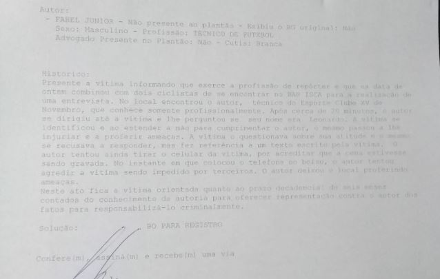 Após ameaças, jornalista faz B.O. contra ex-técnico do XV de Piracicaba
