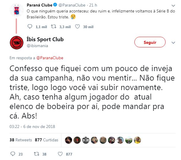 Íbis Sport Club zoa Paraná após rebaixamento no Brasileirão