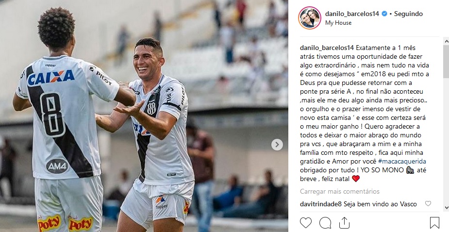 O lateral Danilo Barcelos publicou em seu Instagram uma mensagem de despedida da Ponte Preta