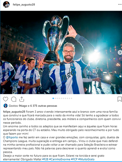 Especulado no Atlético de Madrid, zagueiro brasileiro Felipe se despede do Porto