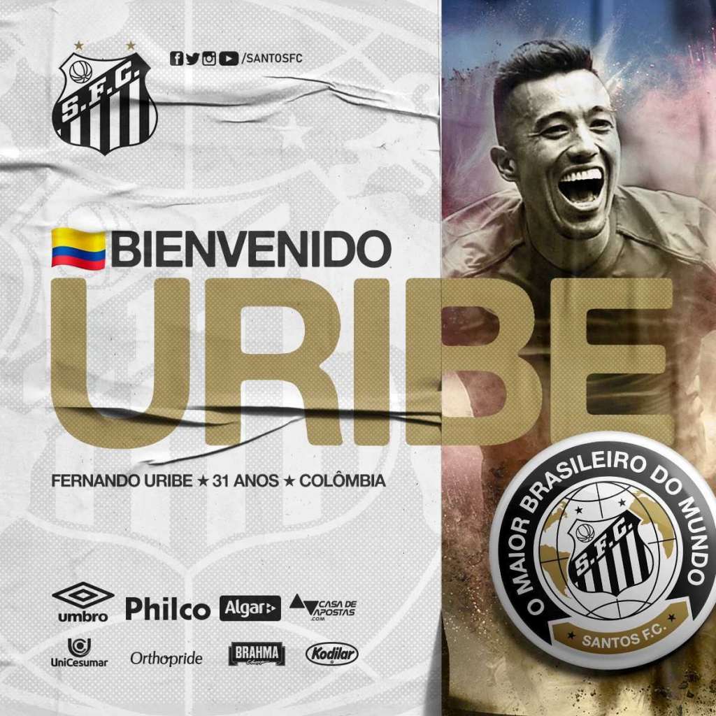 Atacante colombiano que estava no Flamengo, Uribe é oficializado e assina com o Santos até junho de 2022
